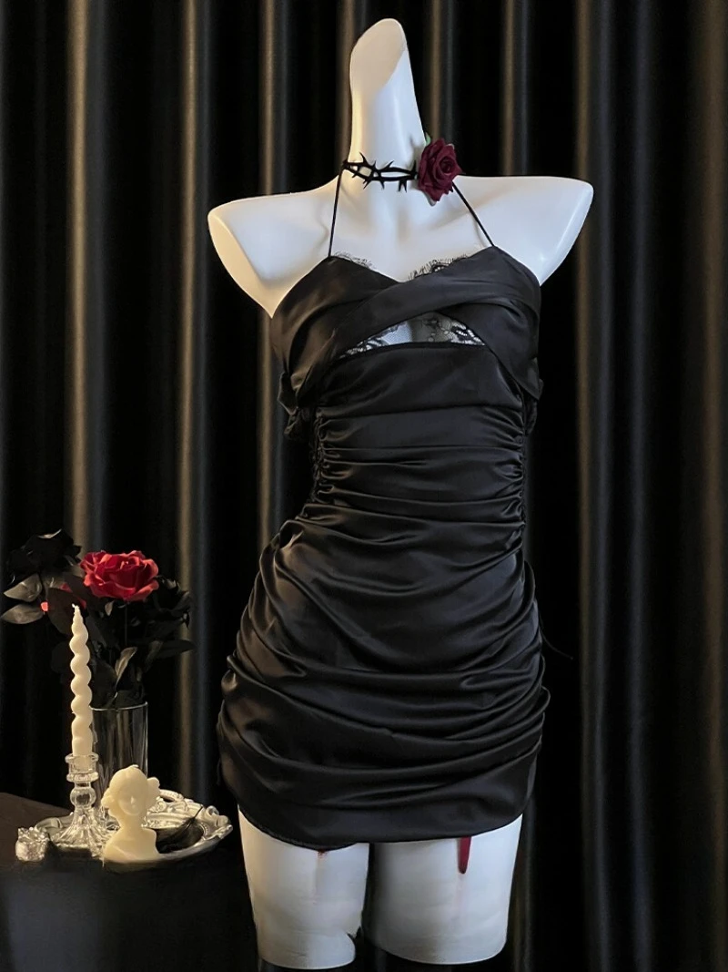 

Черная кружевная ночная рубашка на бретелях для женщин, ткань из ледяного шелка, элегантная романтическая одежда для сна, элитная домашняя одежда, стиль Pure Desire