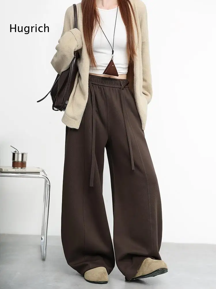 Elastic Drawstring Waist Baggy Wide Leg Trousers Women Front Seam Side Pockets Loose Fit Casual Full Length Pants