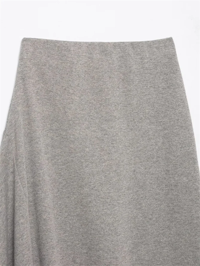 تنورة نسائية ميدي 2025 شتاء جديد رمادي غير متماثل ديكور ممزوج تنورة ميدي أنيقة وأنيقة
