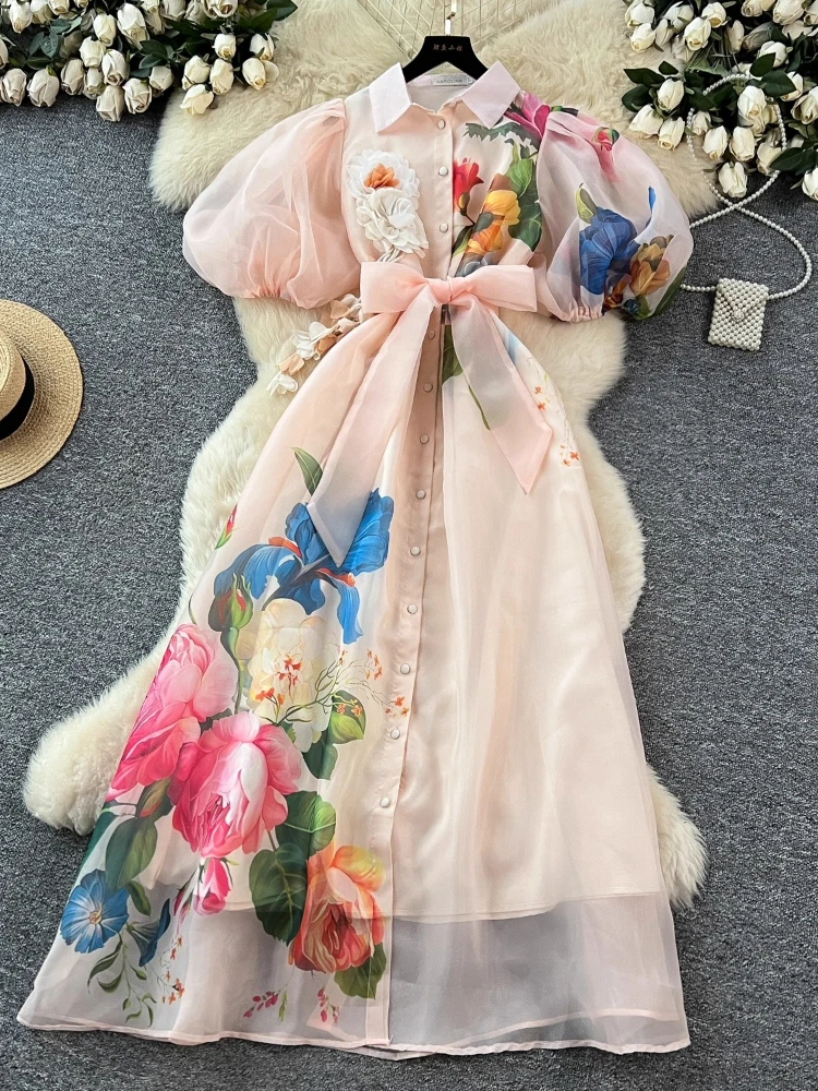 

French Elegant Dresses Puff Sleeve Single Breasted Lace-up Flowers Patchwork Print Long Dress Gauze Vestidos De Mujer 2025 New