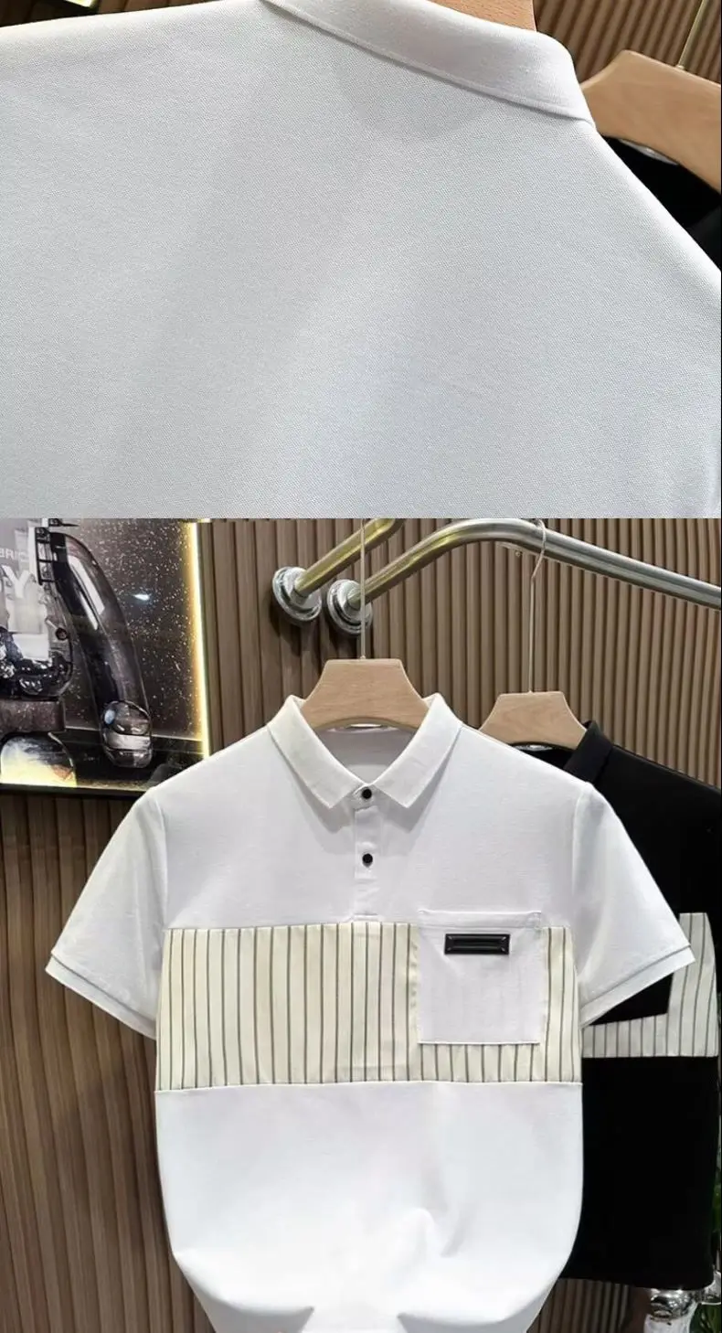 قميص بولو رجالي بياقة متباينة سوداء وأكمام قصيرة، تي شيرت كاجوال أنيق