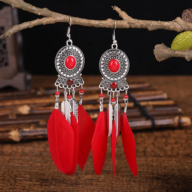 Böhmische lange Feder-Ohrringe für Frauen, klassische ethnische Retro-Temperament-Kette, Blatt-Perlen-Quasten-Ohrringe, Boho-Hochzeitsschmuck – Detail 7