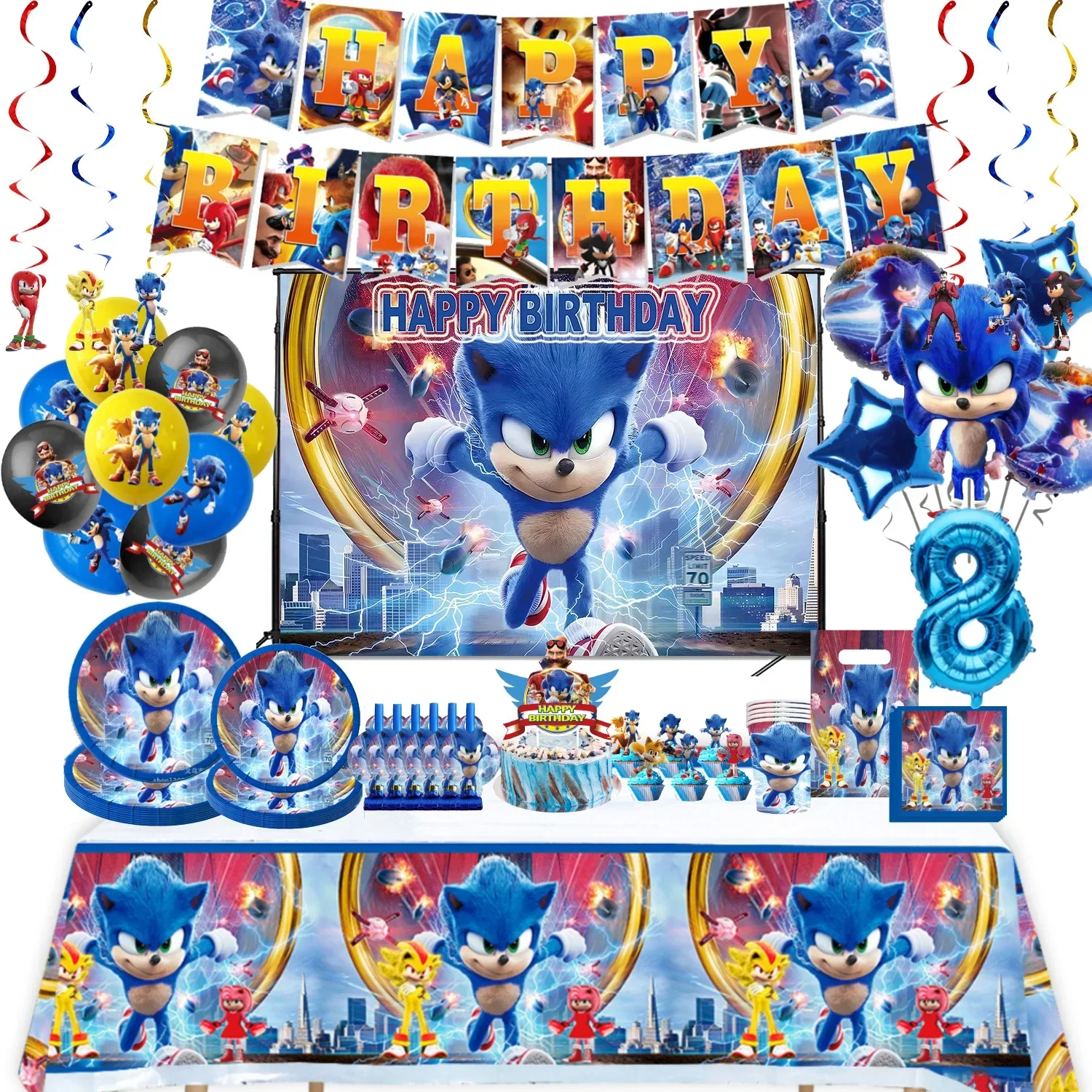 

Soniced Party Decoration Cartoon Themed Aluminium Balloon Cake Topper Tableware Banner Sets Birthday Supplies Scene Setting Prop