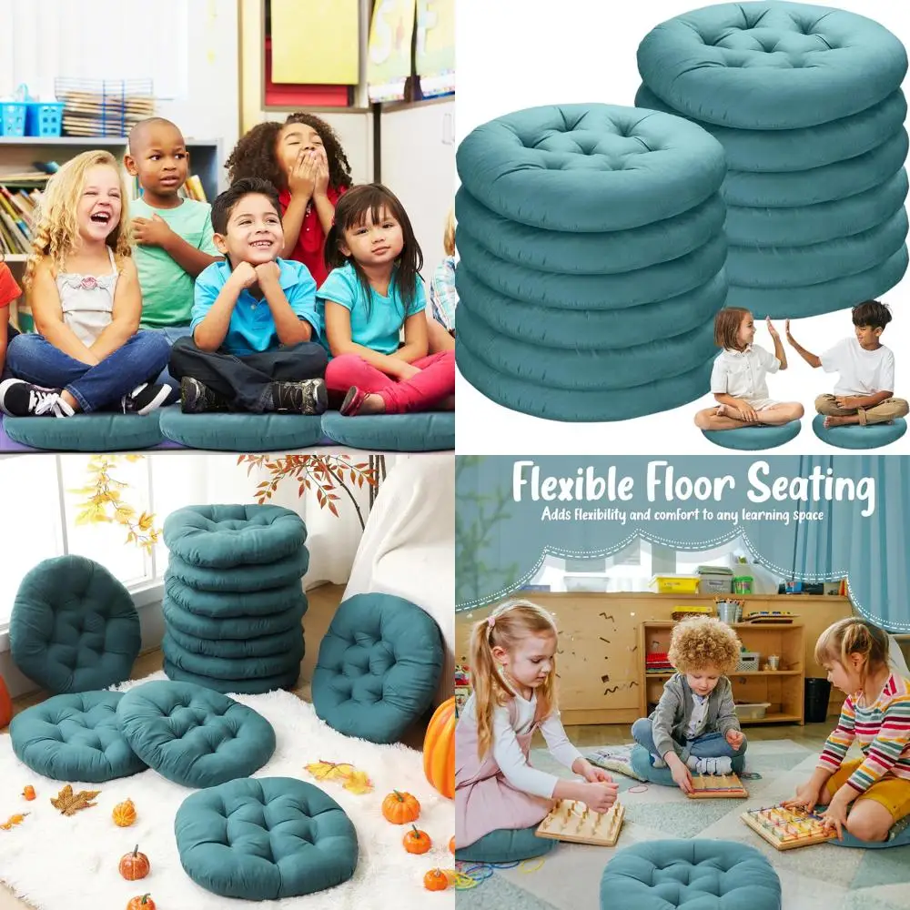 

Set of 12 Peacock Blue Floor Pillows, 16 Round Cushions for Seating, Reading, and Playtime