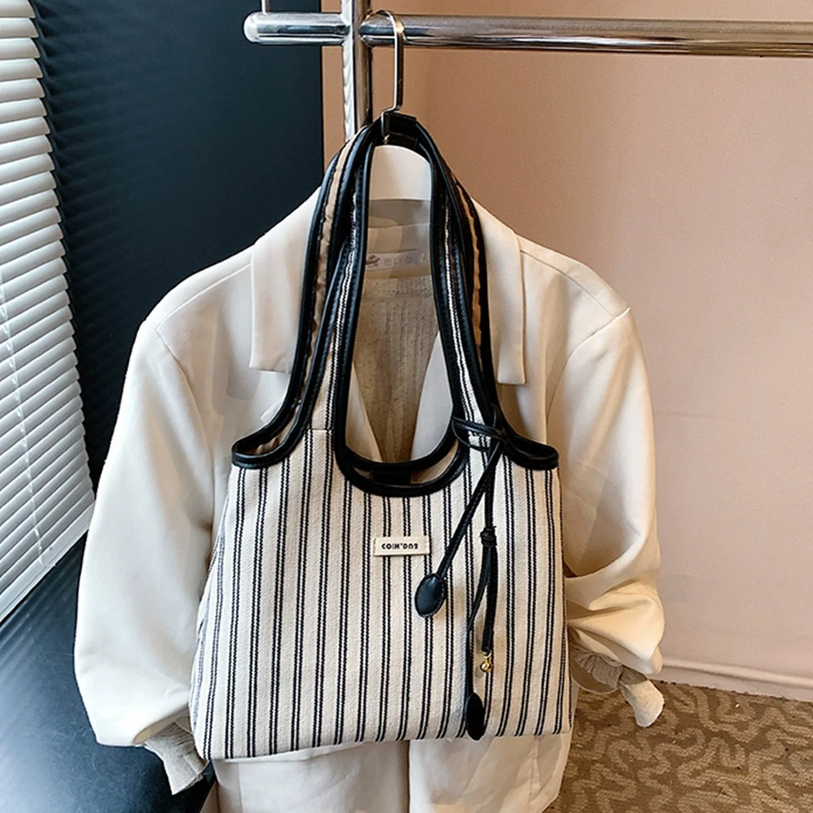 Striped Canvas Tote Bag for Women Large Capacity Shoulder Crossbody Bag Fashion Commute School Bag view 4