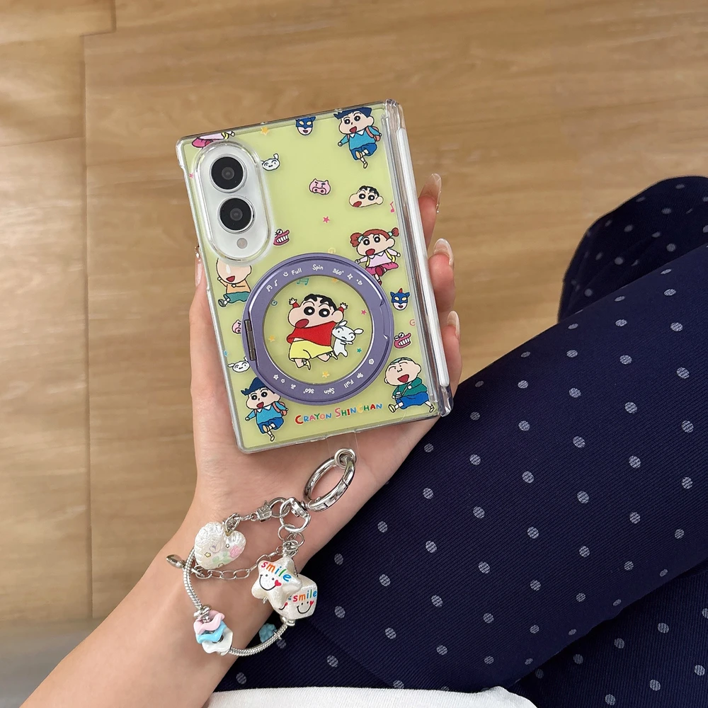 Cute Cartoon Anime Crayon Shin chan 360°Rotation Stand Holder Phone Case For Samsung Galaxy Z Fold 8 Hard Cover With Lanyard