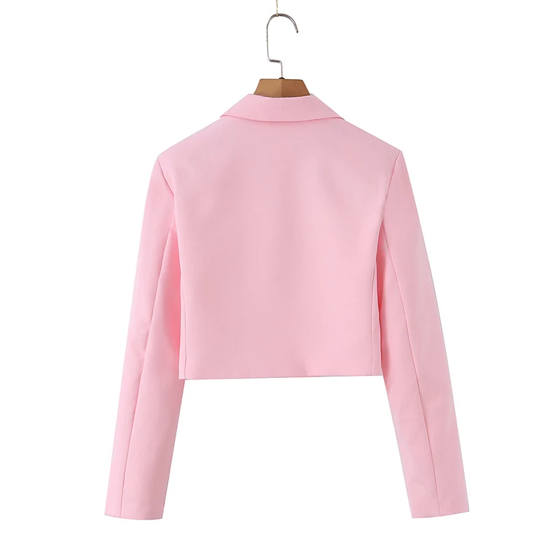 YENKYE Women's Pink Double Breasted Cropped Blazer Lapel Collar Long Sleeve Short Suit Jacket With Pocket