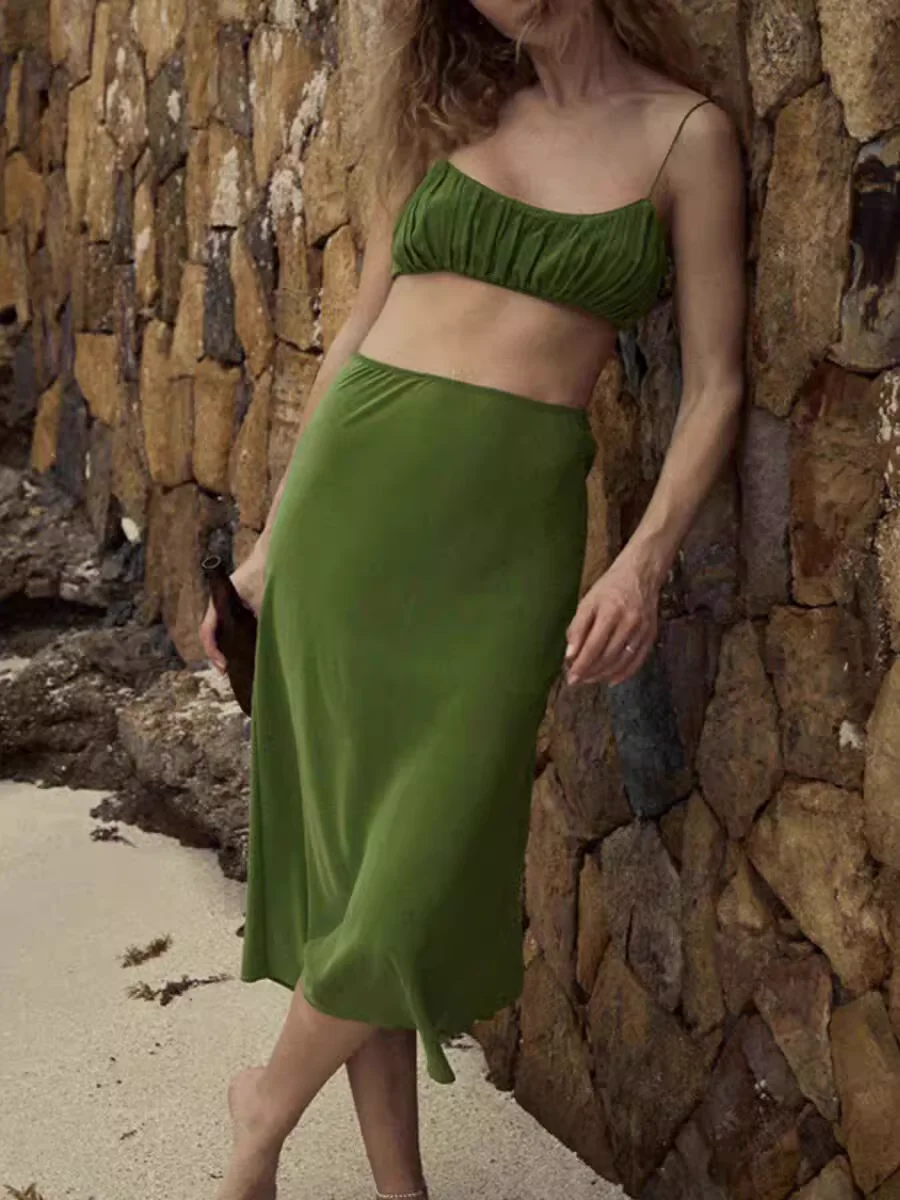 

100% Silk Women Green Midi Skirt Elastic Waist Slim Jupe