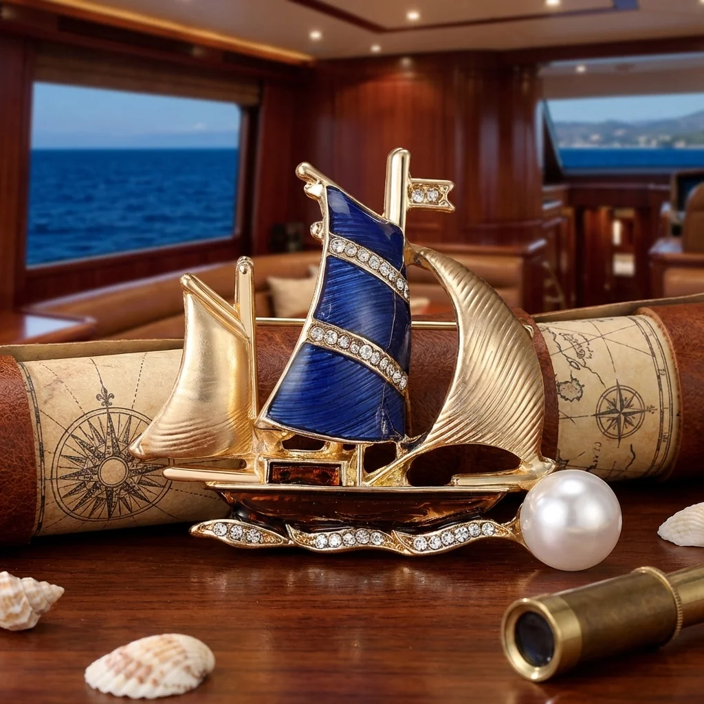 

Stylish Enamel Boat Brooches for Women Rhinestones Ocean Series Pin Friend Event Party New Gifts Jewelry Decoration Accessories