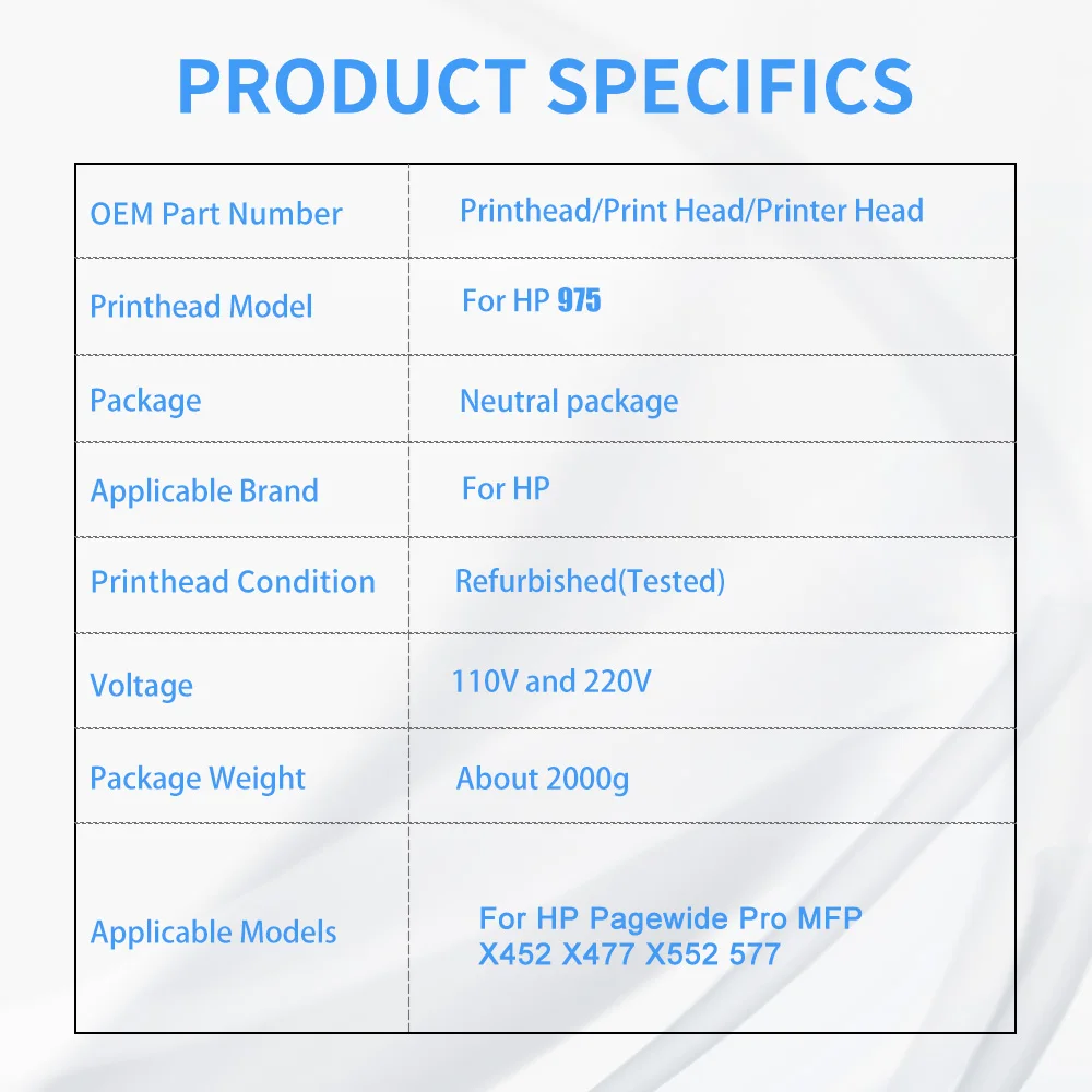 Print Head Original 975 Replacement Printhead for HP Pagewide Pro MFP X452 X477 X552 577 HP975 Printers Accessories Dropship