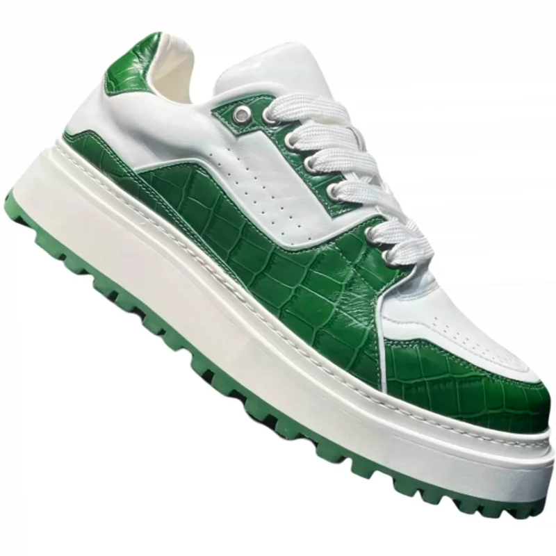 Genuine Leather White Green Thick Soled Board Shoes for Men's Youth Trendy Casual Shoes Comfortable Breathable Heightening Shoes