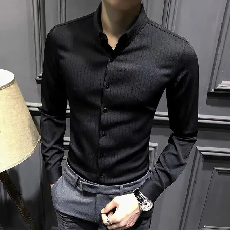 

Advanced Men shirt Long Sleeve Black Korean Style Trendy striped slim fit business men's shirt For Business Prom