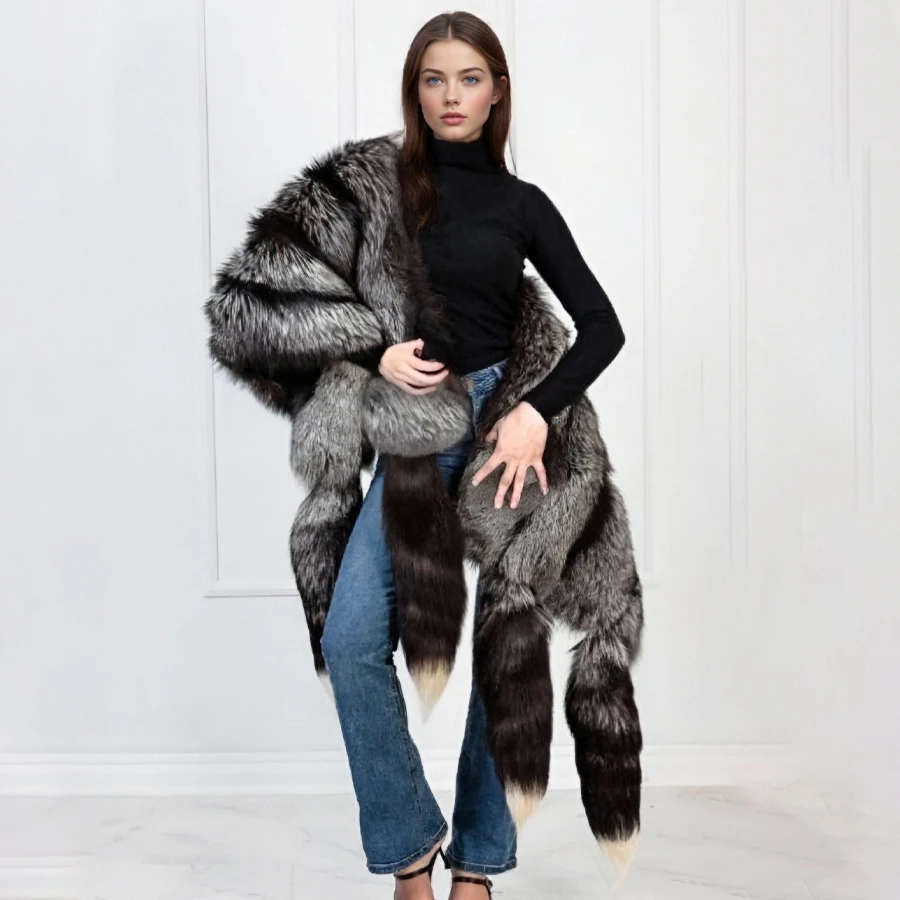 

Double Side Silver Fox & Black Rex Fur Boa-Cape With Tails Women's Real Rex Rabbit Fur Shawl Luxury Long Natural Fur Scarf