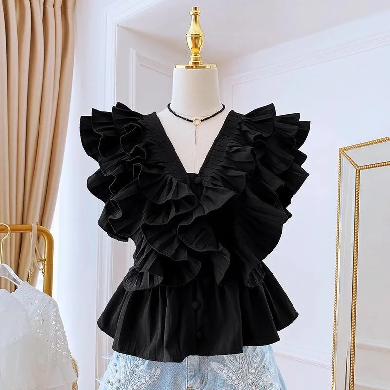 Or Sve V-Ne Chemisier à ourlet plissé pour femme Design Faion Printemps Été Coupe droite Fly Sve No bouton Couleur