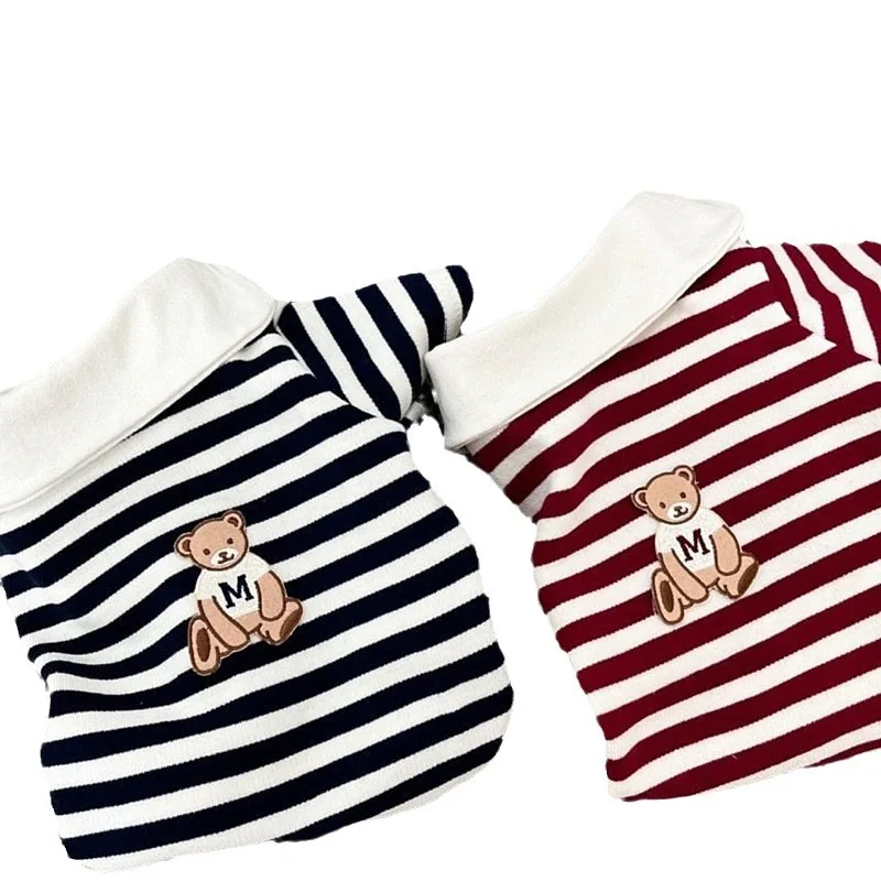 Pet T-shirt Striped Hoodie Cute Teddy Bear Lapel Base Shirt Teddy Bear Small Dog Cat Schnauzer Yorkshire Shamarzis Dog Clothes