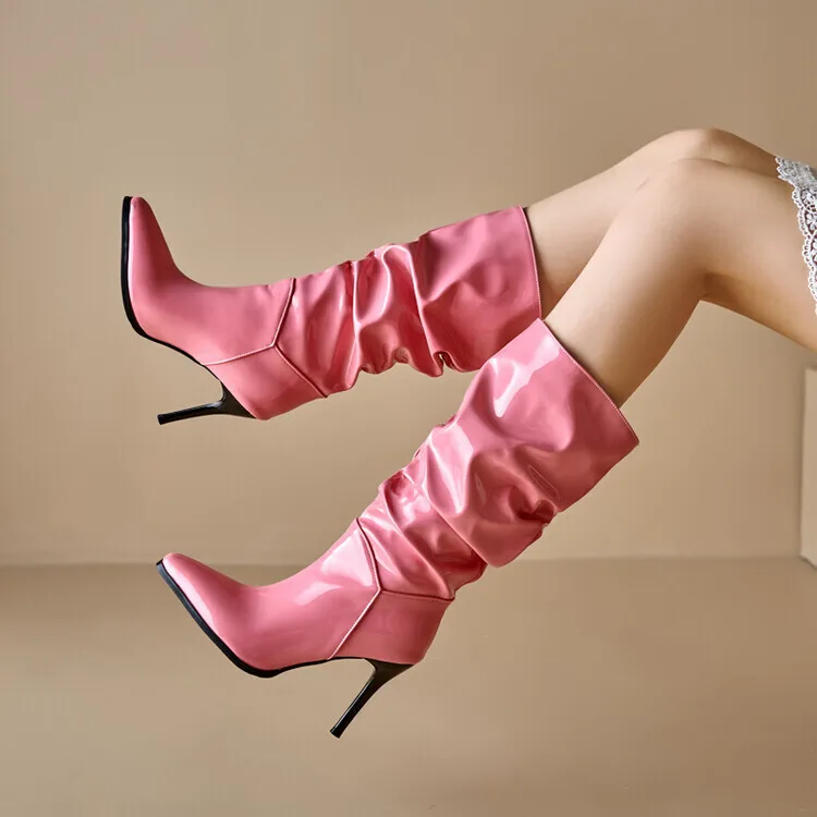 

Pink Patent Leather Greater Stacking Boots Pointed Toe Thin Heels Women's Mid Calf Boots