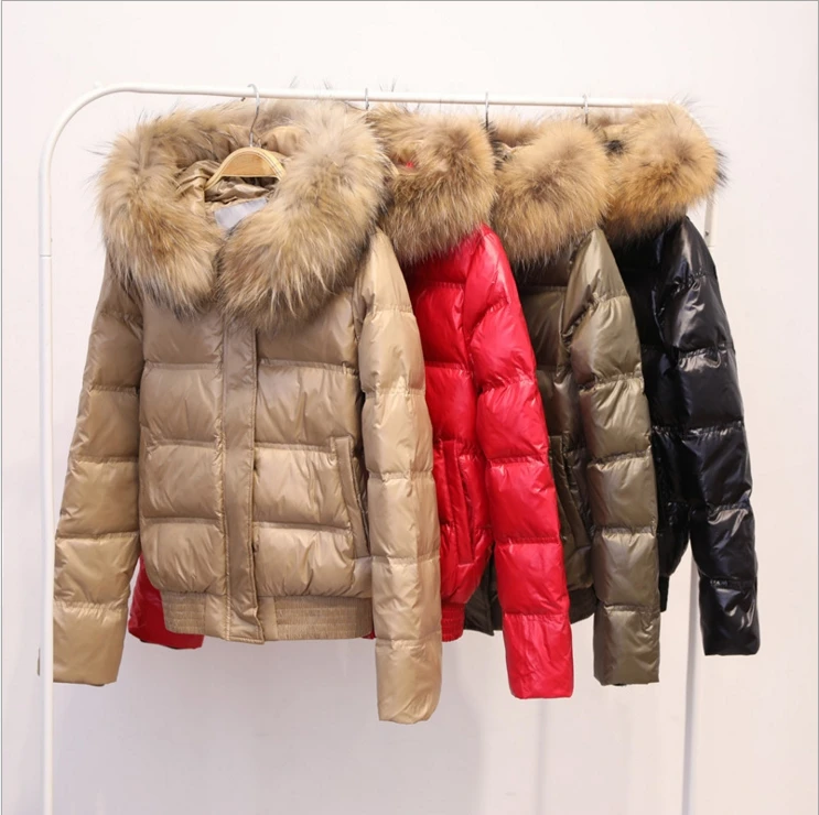 FTLZZ Real Raccoon Fur Winter Jacket Women Long Sleeve Slim White Duck Down Parkas Female Hooded Pockets Coat Outwear