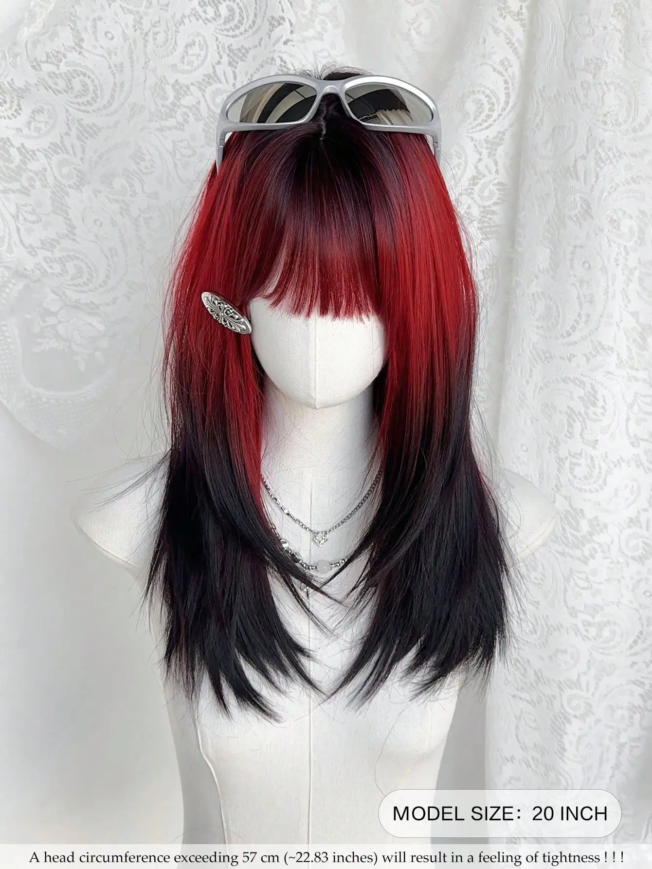 20 بوصة أحمر أومبير أسود طويل شعر مستعار مستقيم للنساء شعر مستعار اصطناعي رائع مع الانفجارات جذور داكنة شعر مستعار للفتيات الموضة #2