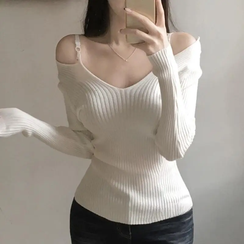 Jersey de punto con cuello en V y hombros descubiertos para mujer, Jersey calado en la espalda para otoño e invierno, jerséis de manga larga lisos y versátiles