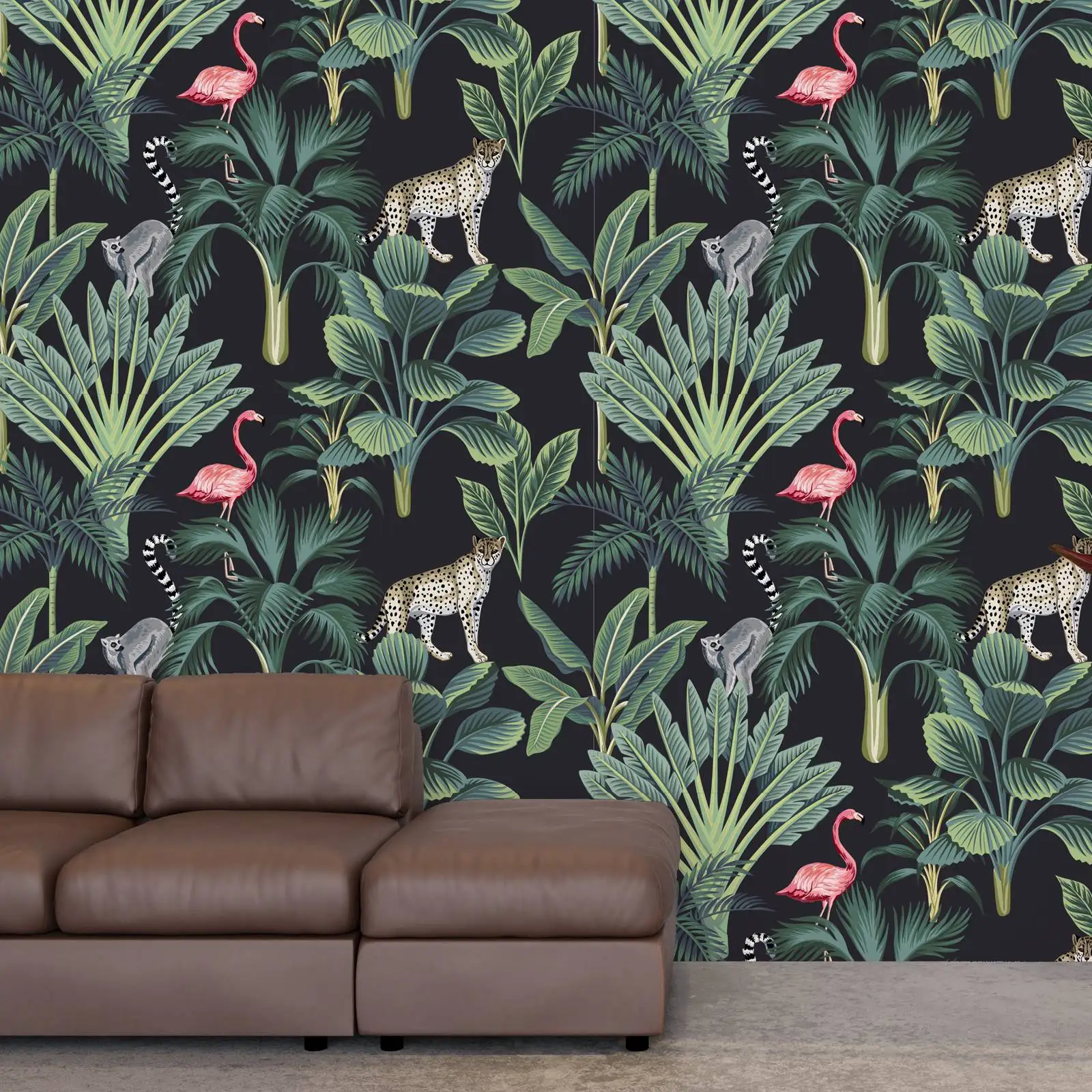 Imagem -02 - Papel de Parede de Animais Selvagens Vintage Tropical Peel And Stick Wall Papers Palmeiras Mural Parede de Fundo Escuro Flamingo