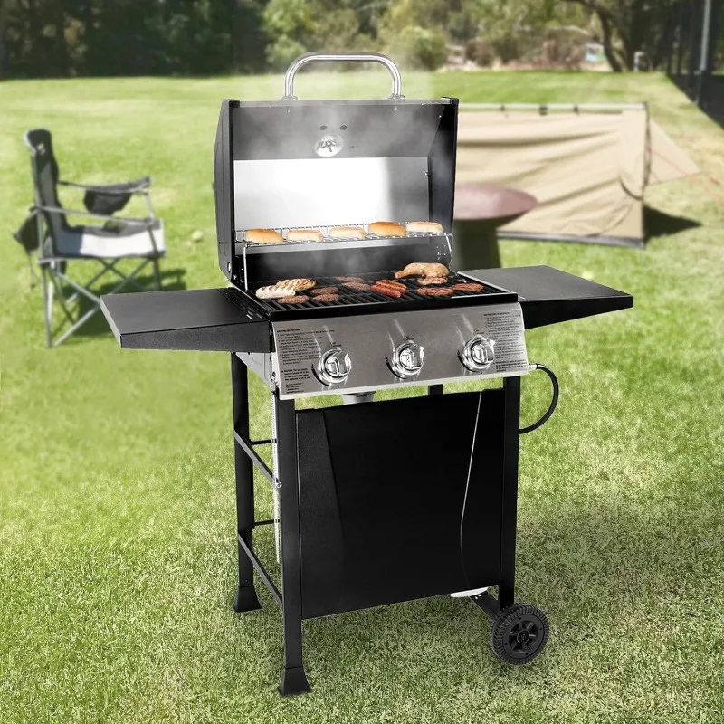 

Grill Boss Outdoor BBQ Propane Gas Grill for Barbecue Cooking with Side Burner, Lid, Wheels, Shelves and Bottle Opener, 3 Burner