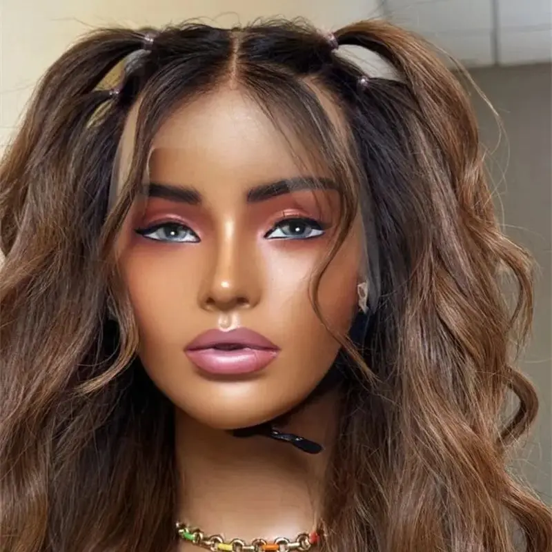 

13x4 Ombre Chocolate Brown Synthetic HD Lace Front Wig Preplucked Hairline 30 Inch Super Long Wave Wig Realistic Natural Looking