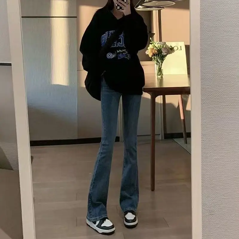

Autumn Winter New Fashion High Waist Solid Button Jeans Women's Clothing Pockets Loose Casual Bell-bottoms Trend All-match Pants