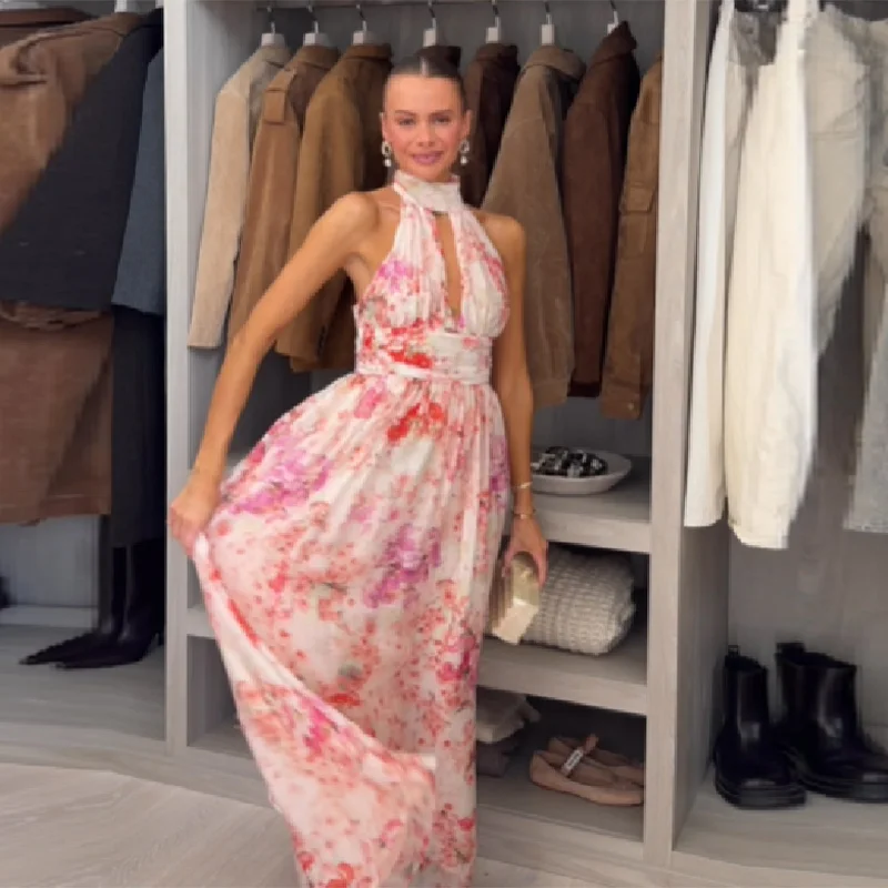 

Женское весеннее макси-платье с цветочным принтом 2026: стильное, в стиле Y2K, с открытой спиной, на бретельках, элегантное, с завышенной талией, для пляжных вечеринок