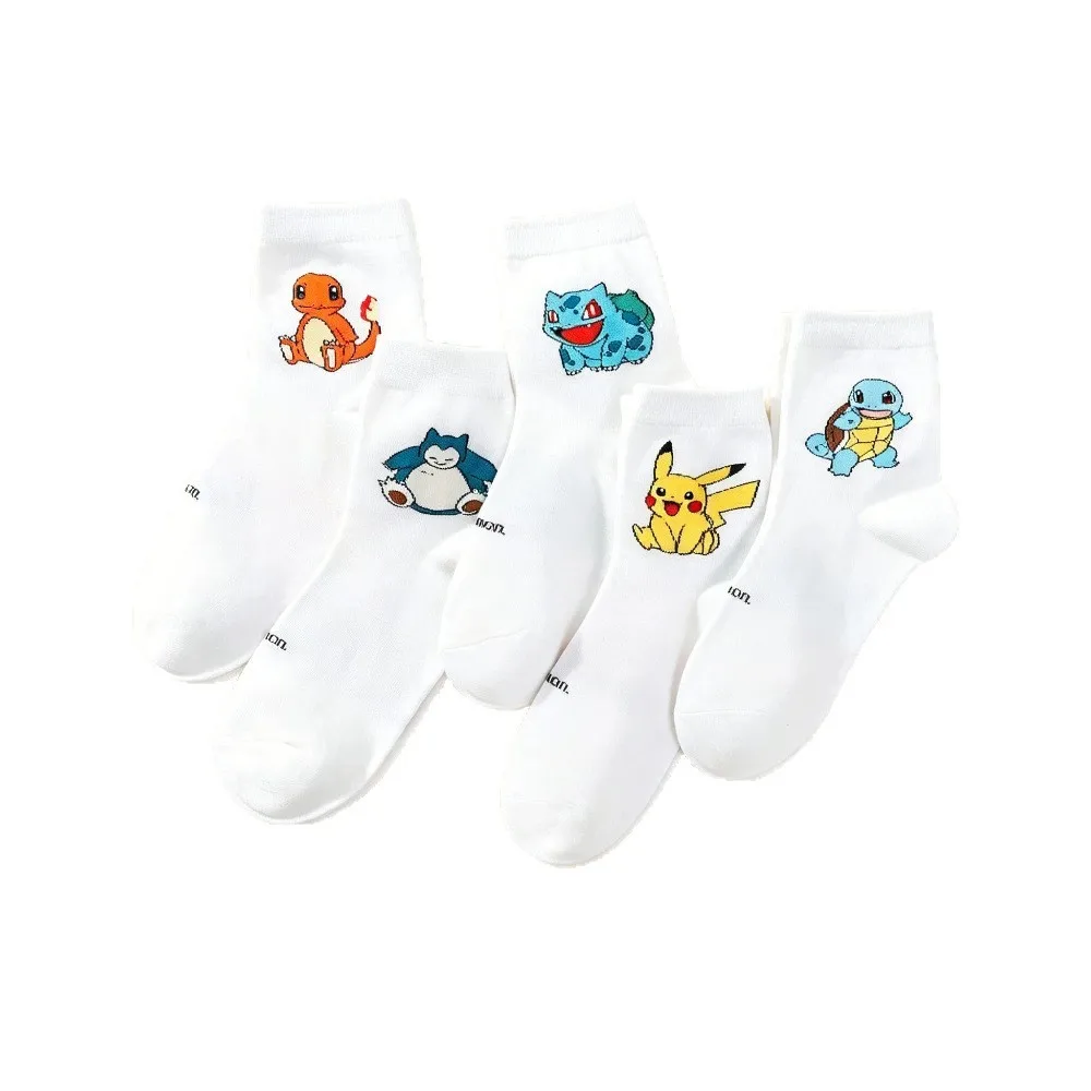 5 Paar neuartige Cartoon-Pokémon-Baumwoll-Graffiti-Damen-Mittellange Socken im College-Stil, personalisierte weiße Freizeitsocken für Studenten
