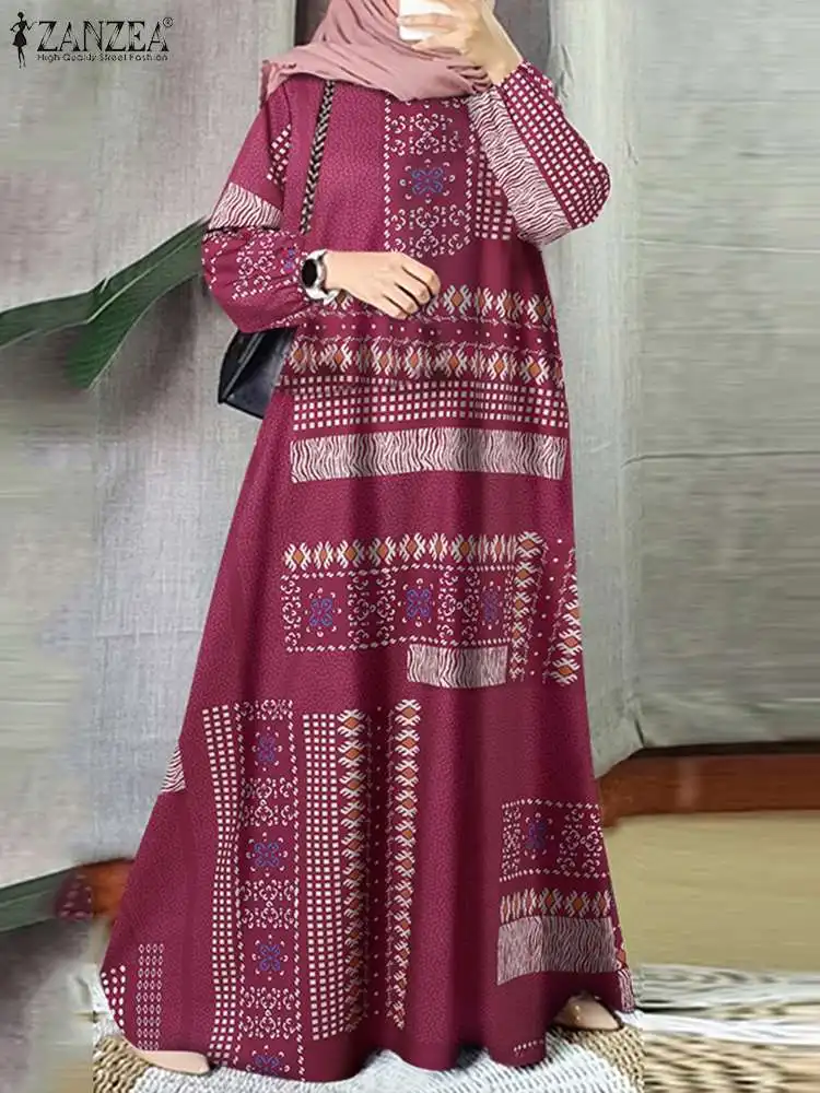 ZANZEA Ethnic Style Printing 2024 Autumn Vestidos Casual Loose Women O Neck Holiday Abaya Robes Long Sleeve Vintage Maxi Dress