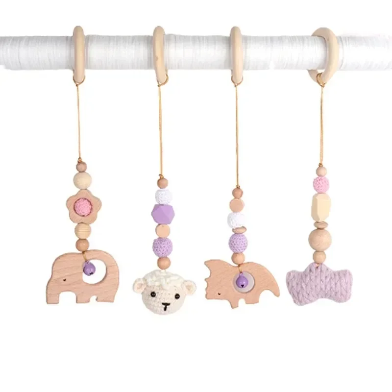 4Pcs/Set Baby Rattles Baby Play Gym Frame Wooden Beech Teether Trolley Stroller Hanging Pendants Toys Ring Nursing Rattle Toys