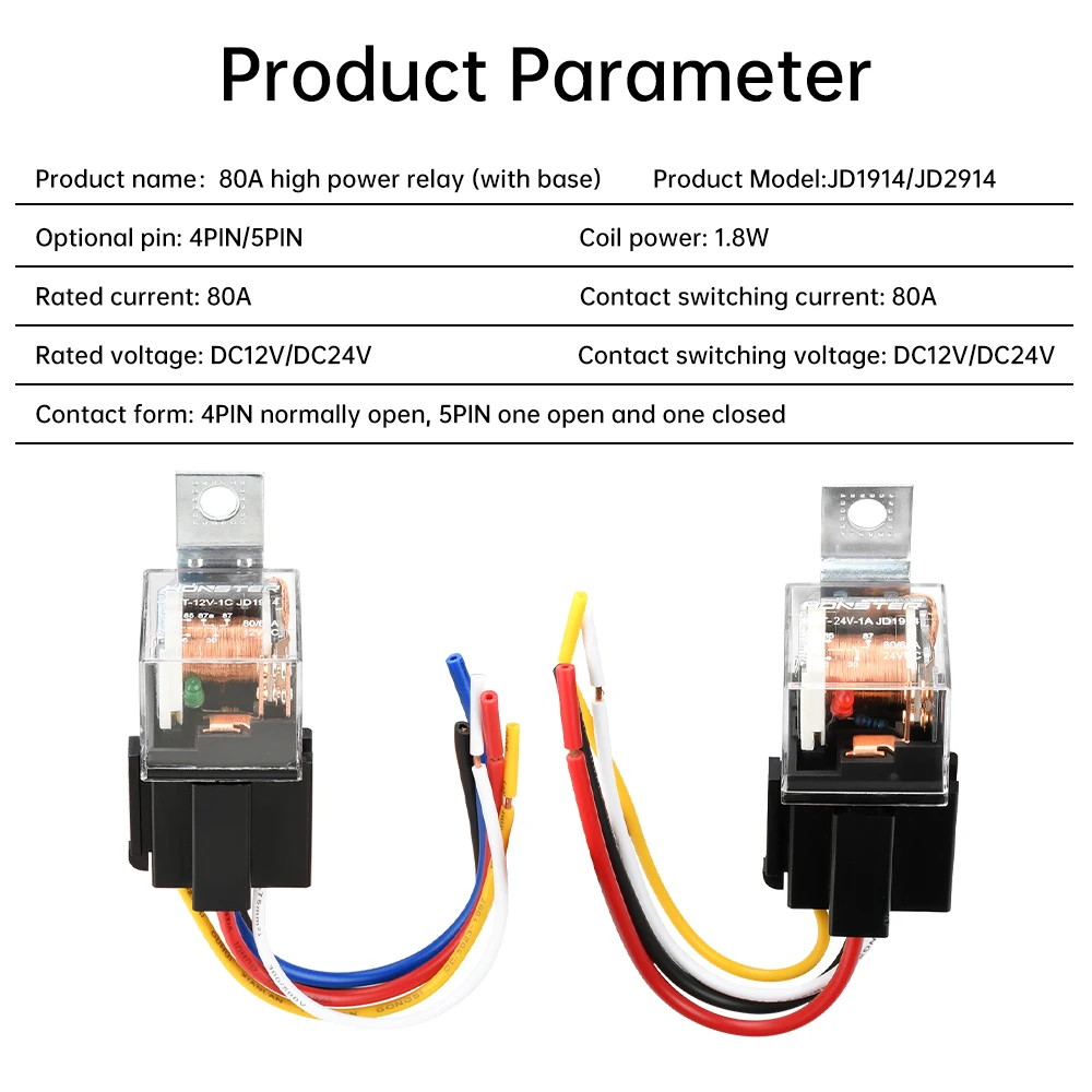DC 12V 24V Wasserdichtes Automobilrelais JD1914/JD2914 80A 4-polig 5-polig Automobilrelais-Modul Doppelkontakt Kupferstift mit Sockel – Detail 5