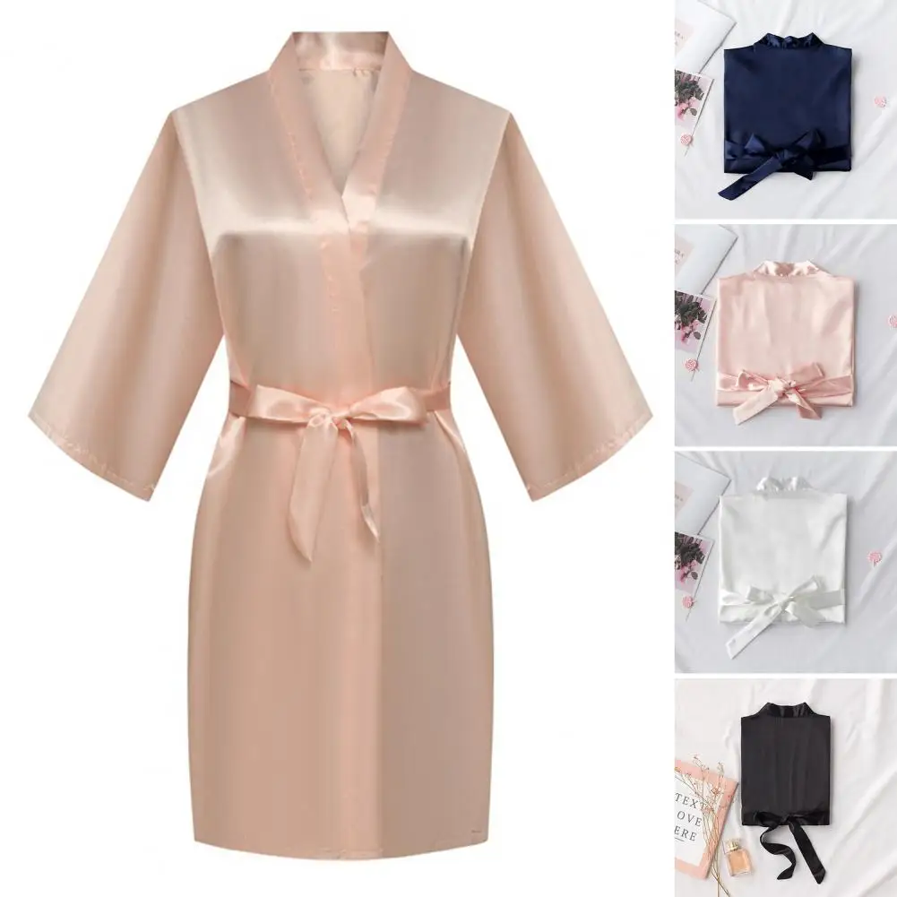 

Summer Nightdress Elegant Lace-up Waist Satin Bathrobe for Women Soft Ice Silk Nightgown with V Neck Three Quarter Sleeves