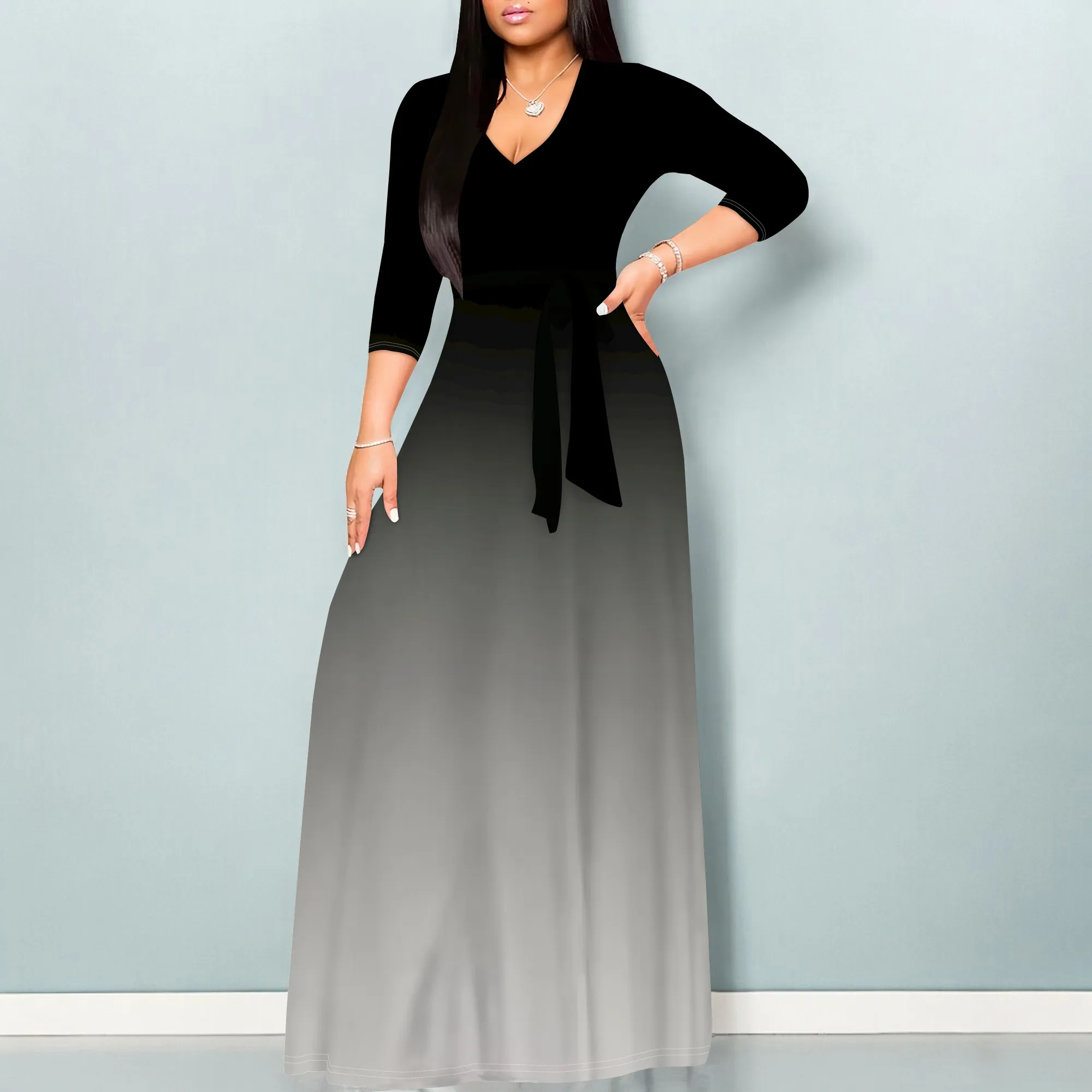 

Black Grey Gradient Maxi Dress S-3XL V-Neck Wrap Style with Belt & 3/4 Sleeves for Church, Office or Elegant Minimalist Look