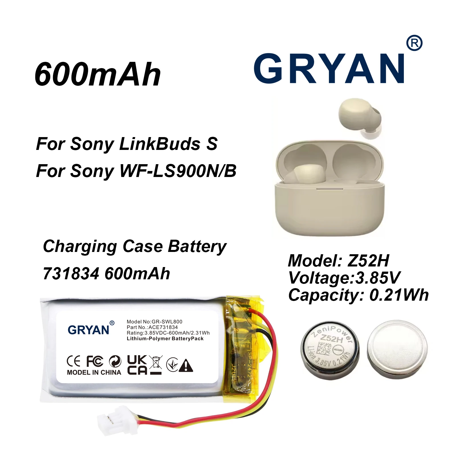 600mAh 731834 ZeniPower 1240 Z52H 3.85V Battery for Sony LinkBuds S WFLS900N/B Truly Wireless Earbud Headphones Batteria+Gift