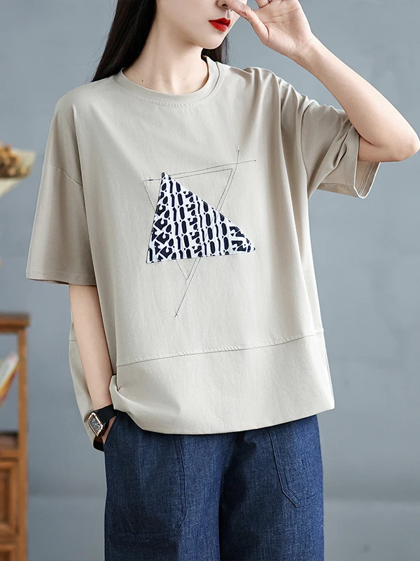 

Summer 2025 round Ne ort Sve T-irt Geometric Print Casual Versatile Women's Top Comfortable Loose Fit Regular Length