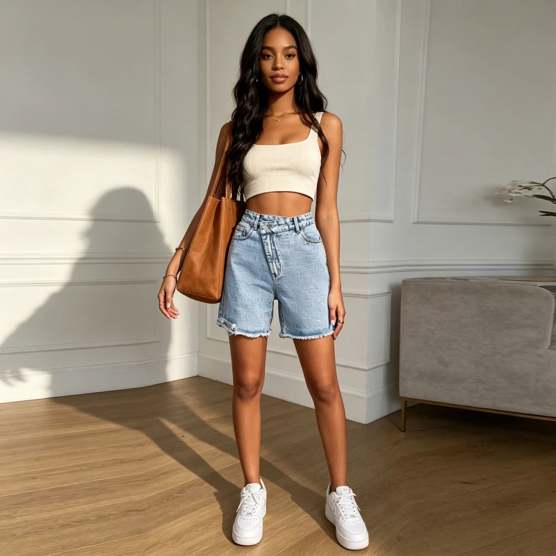 Ripped Knee Length Women Jeans Distressed Denim Spliced High Waist Washed Pockets Straight Streetwear Solid Loose 2026 Summer view 5