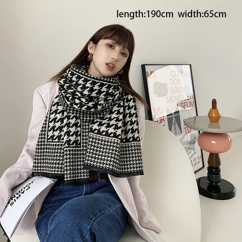 Fashion Soft Houndstooth Cashmere Scarf Women Winter Long Pashmina With Short Tassel Female Doublesided Thick Shawl Ladies