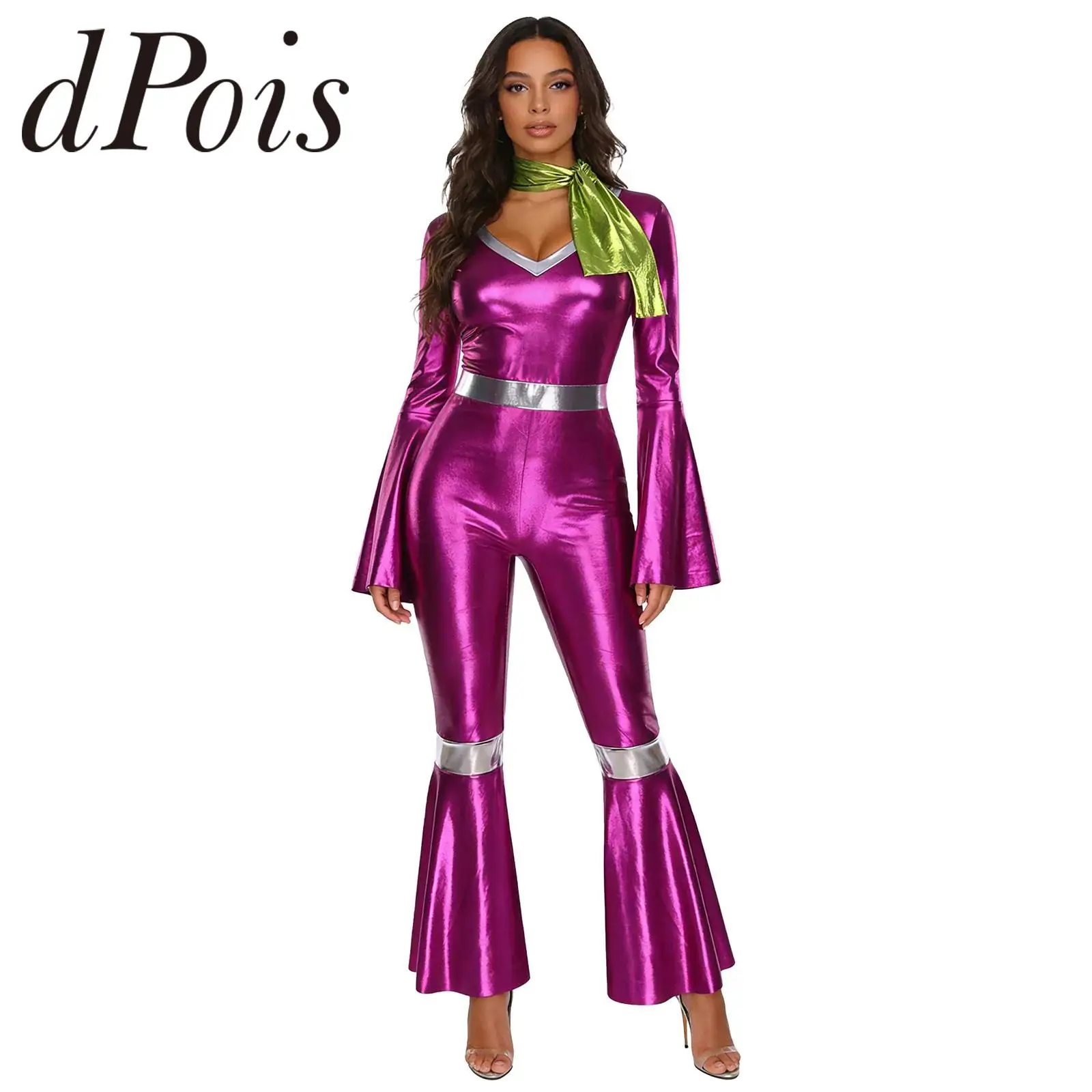 Womens 70s Disco Dance Costume Clubwear Festival Metallic Jumpsuit with Scarf Rompers Full Body Bodysuit Gymnastics Jumpsuit