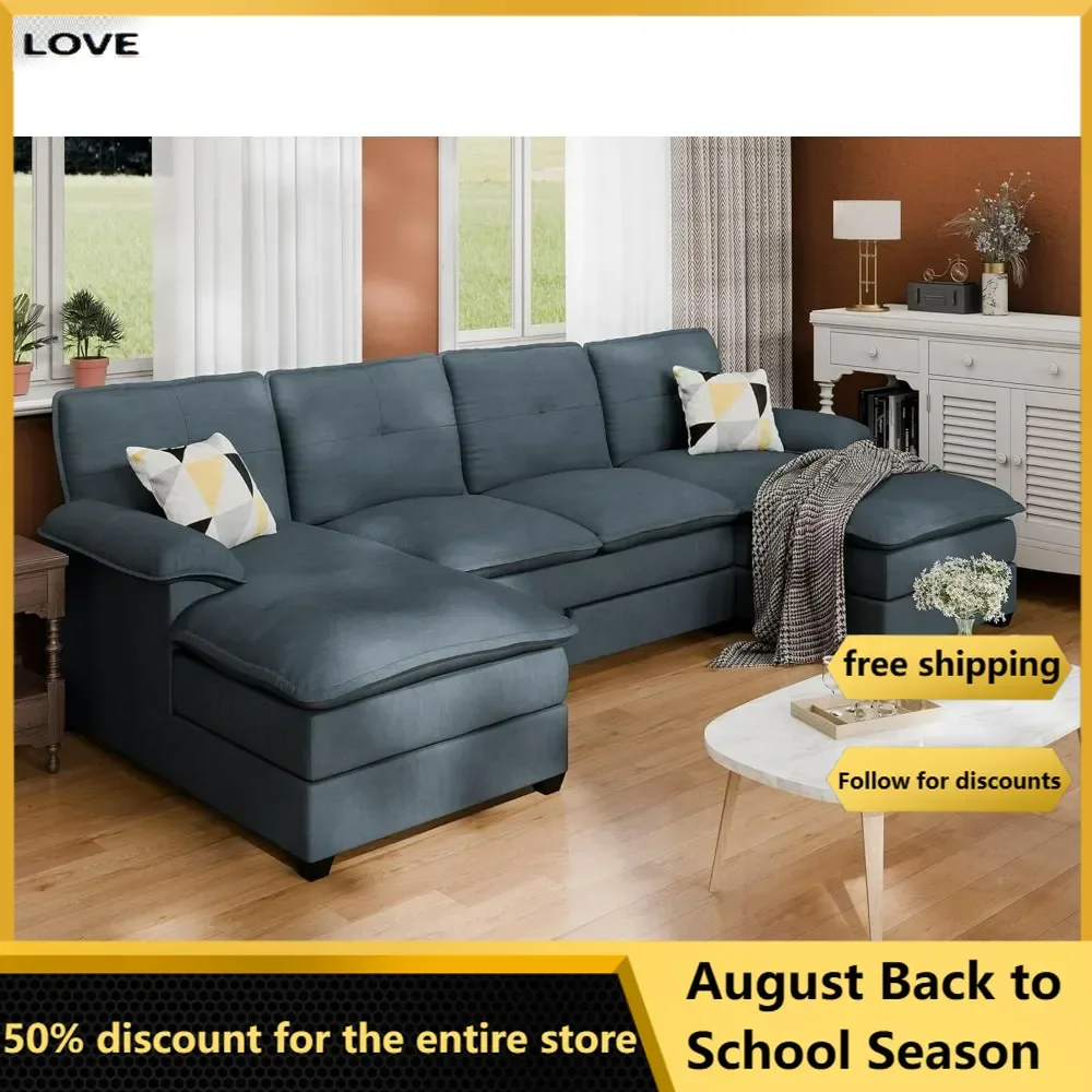 

U-Shaped Living Room Furniture Set, 4 Seat Sectional Sofa with Double Chaise for Apartment, Modern Fabric Modular Couch Sleeper