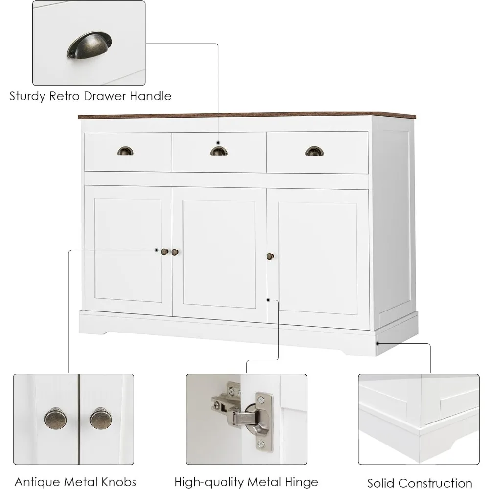 خزانة بوفيه بيضاء للتخزين، خزانة جانبية لخادم المزرعة، خزانة مشروبات مع 3 أدراج و3 أبواب، أرفف قابلة للتعديل، وحدة تحكم Ta #6