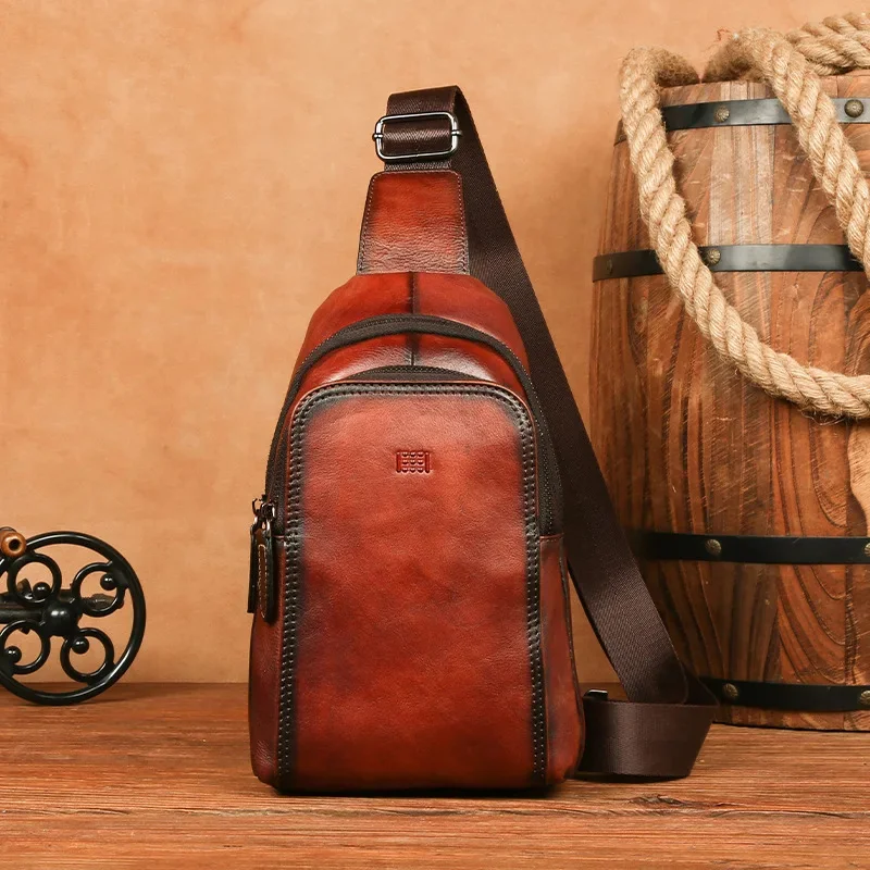 Retro Chest Bag Genuine Leather Men's Single Shoulder Backpack For Male Outdoor Packs Crossbody Sports s Men