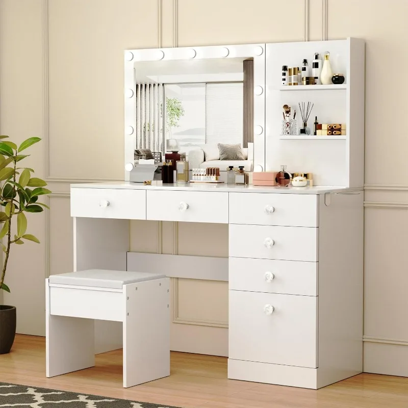 Makeup Vanity Desk with Mirror and 11 Adjustable Brightness Lights,White Vanity Lighted Mirror with Cushioned Stool