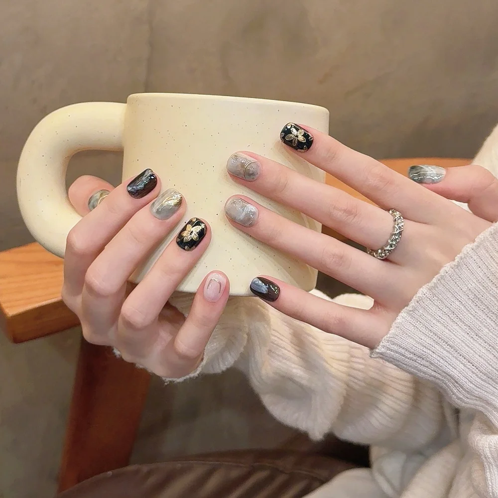 10 pièces fini à la main presse sur les ongles Art court carré rond ongles conseils paillettes diamant faux ongles ensembles violet jaune faux ongles