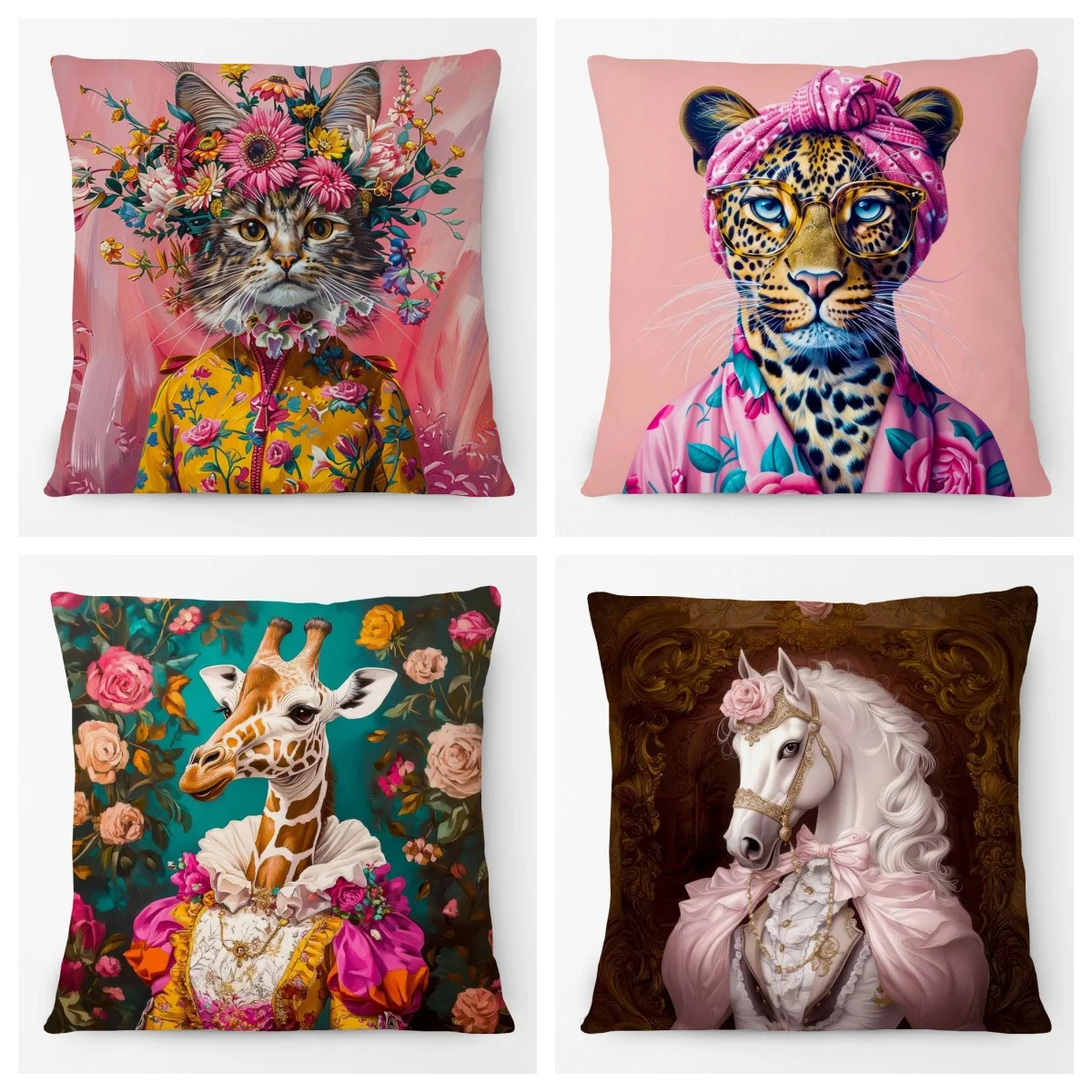 Animals Portrait Poster Pillowcase Horse Dog Fox Flower Giraffe Leopard Tiger Cushion Cover Living Room Square Home Decoration