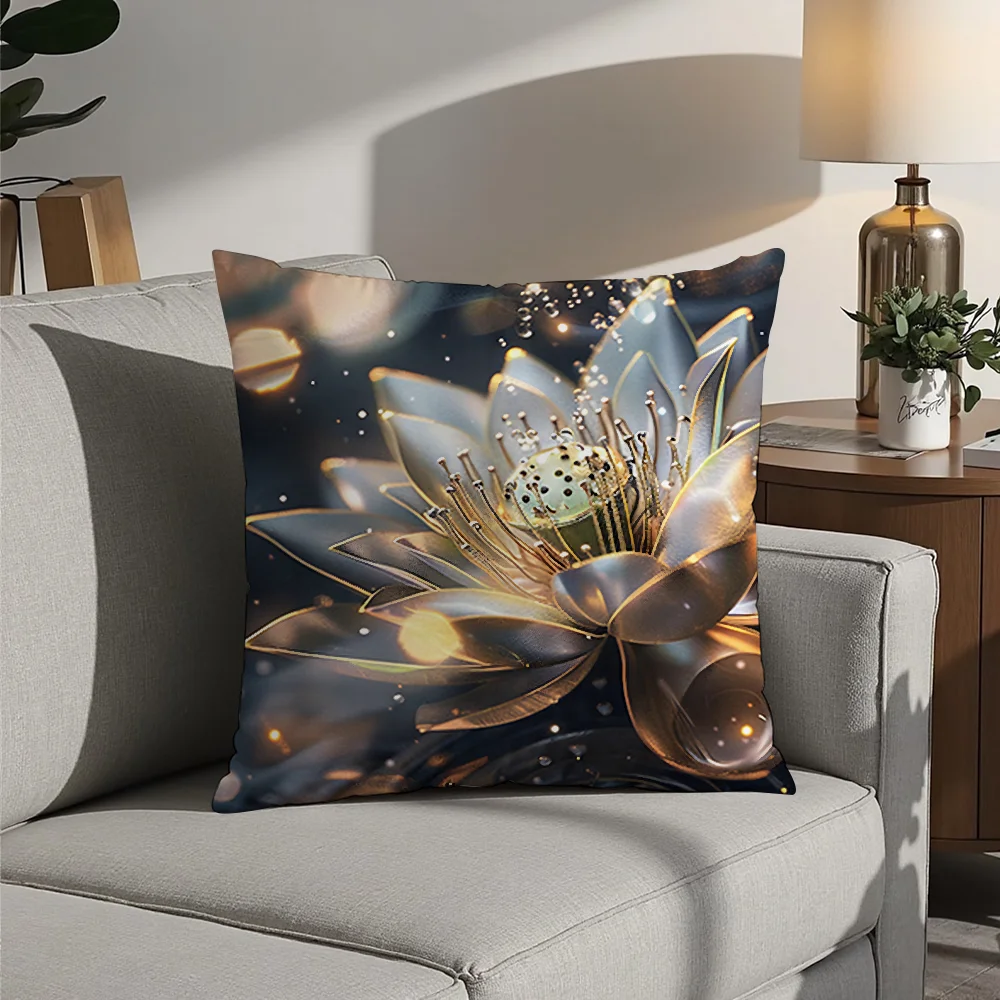 

Luxury Lotus Flower Pillow Case Plush Fabric Soft Pillowcase Double Sided Print Cushion Cover Household Gifts