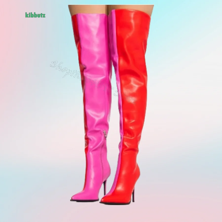 

Colorblock Leather Over The Knee Boots Pointed Toe Zippered High Heel Boots Stiletto Boots for Women2024 New Zapatos Para Mujere