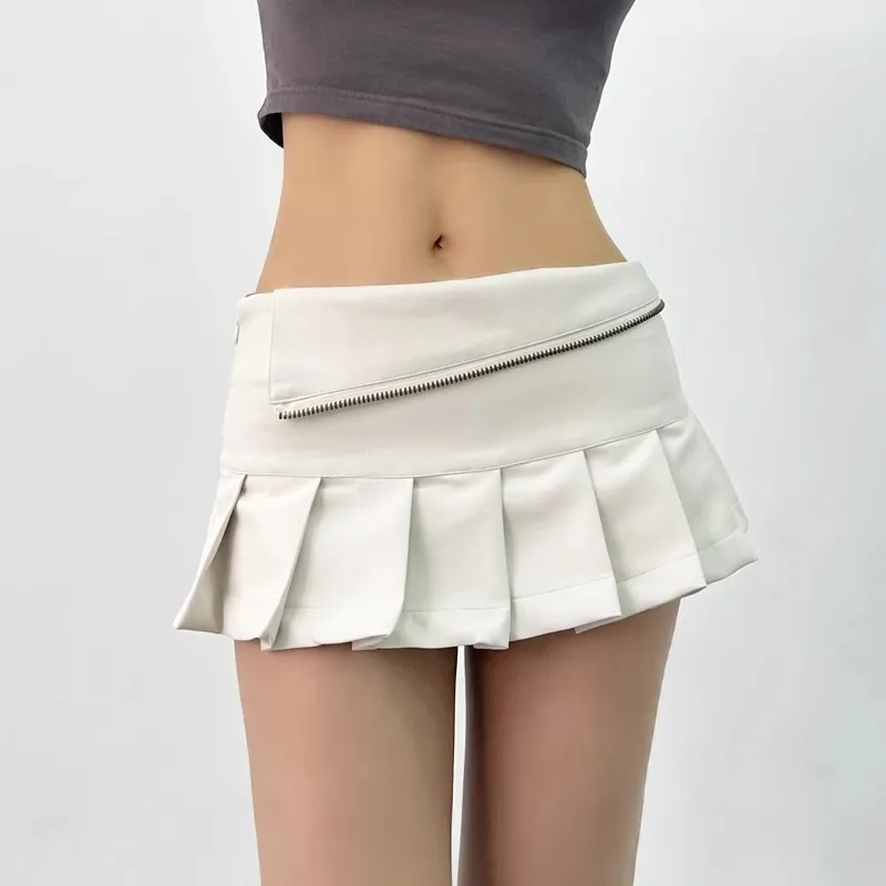 Y2K PU Leather Pleated Mini Skirt With Shorts Lining Women Sexy Zipper Summer Low Waist Short Coffee White Black