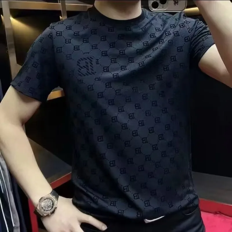 Luxury Letter Print Round Neck T-shirts for Men 2025 Summer Comfortable Breathable Slim Casual T Shirt Social Nightclub Tee Tops