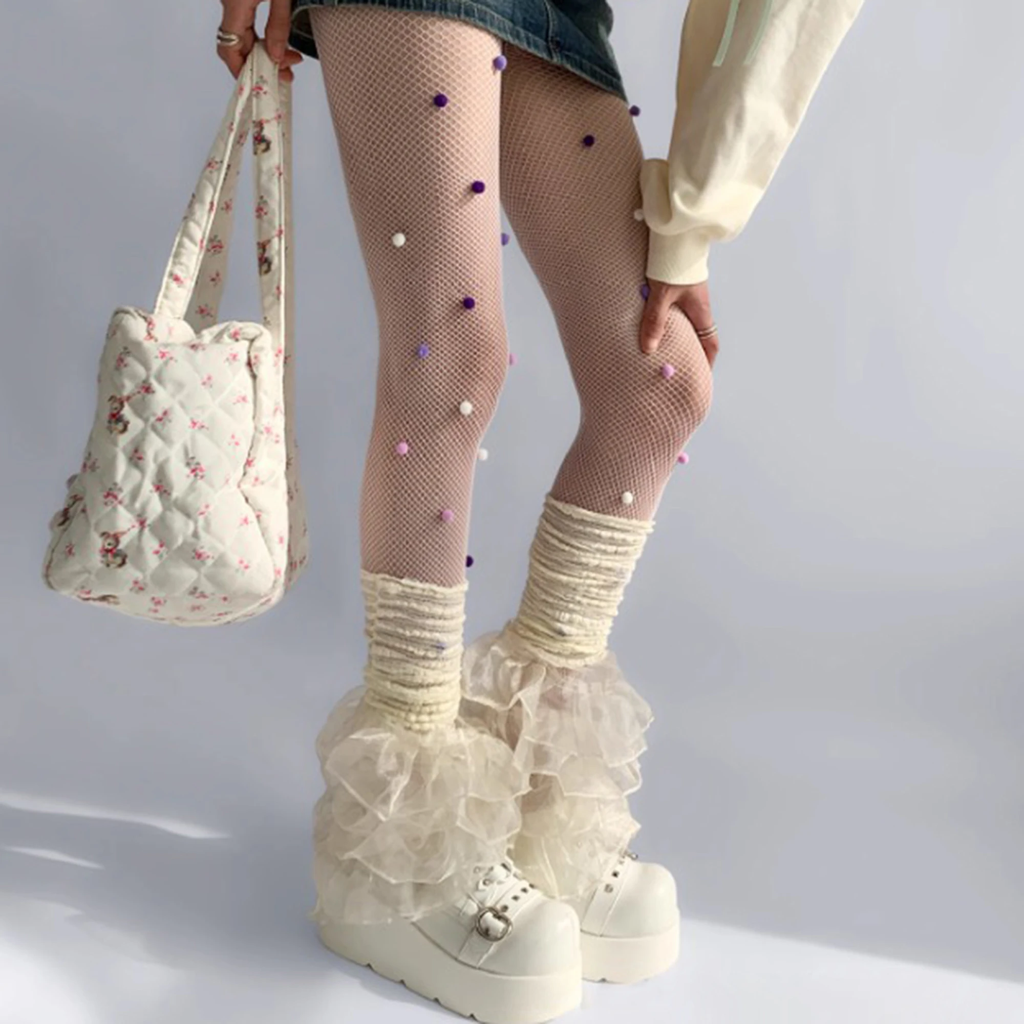 여성용 레이스 트리밍 레그 워머 파티 및 스트리트웨어 패션을 위한 패치워크 디자인의 세련된 주름형 종아리 커버